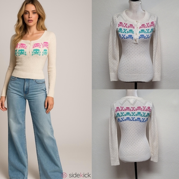 dELiA*s Sweaters - Delia's Rare Vintage 90s Multi-color Skull & Crossbones Off-White Eyelet Sweater